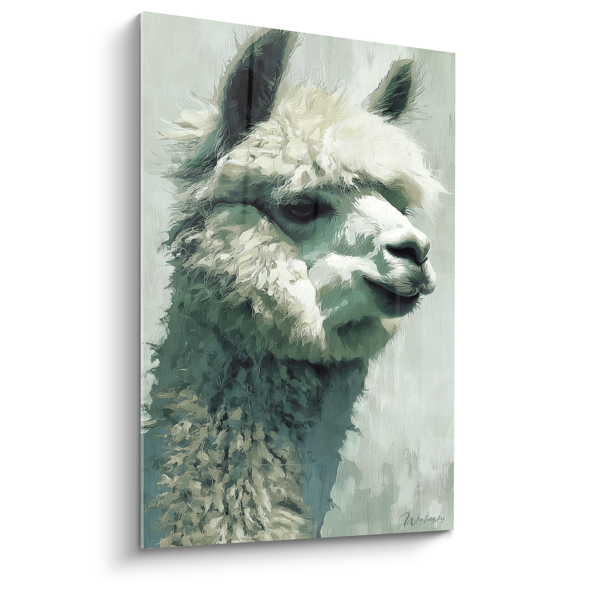 Lama à la toison blanche et vert sauge, regard profond, portrait peint en gros plan pictural
