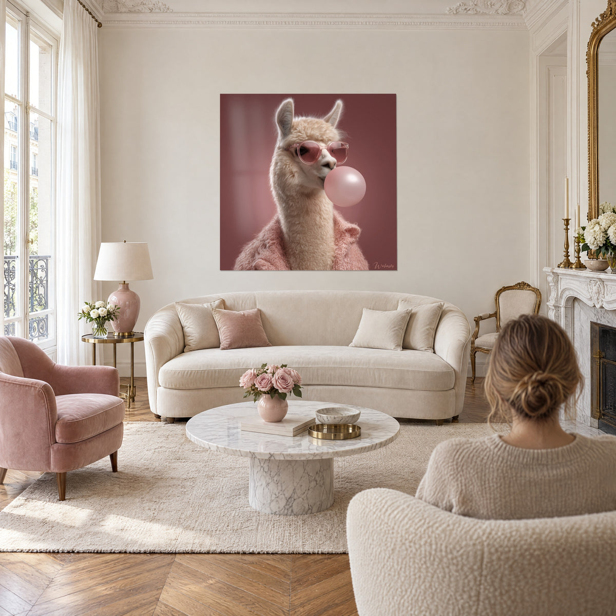 Gemälde Lama mit rosa Brille, eine Blase pustend, bordeauxroter Hintergrund und puderfarbener Mantel, über einem Sofa in einem hellen Wohnzimmer