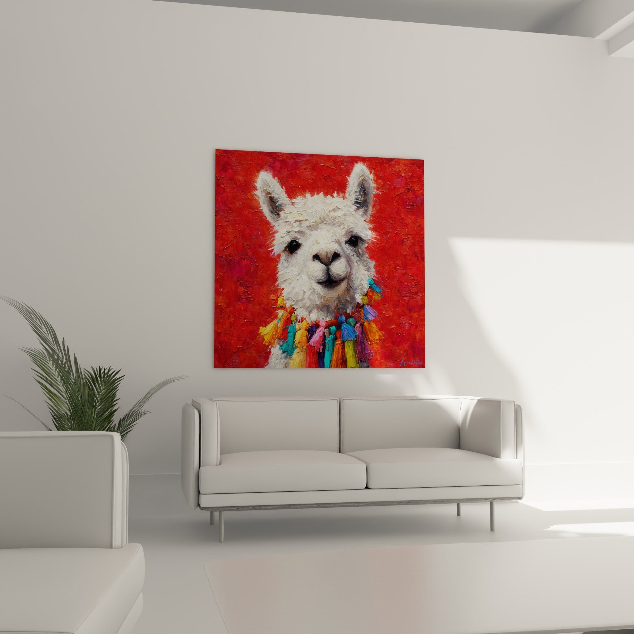 Visage de lama peint au couteau, blanc et rouge vif, au-dessus d'un canapé dans un salon lumineux