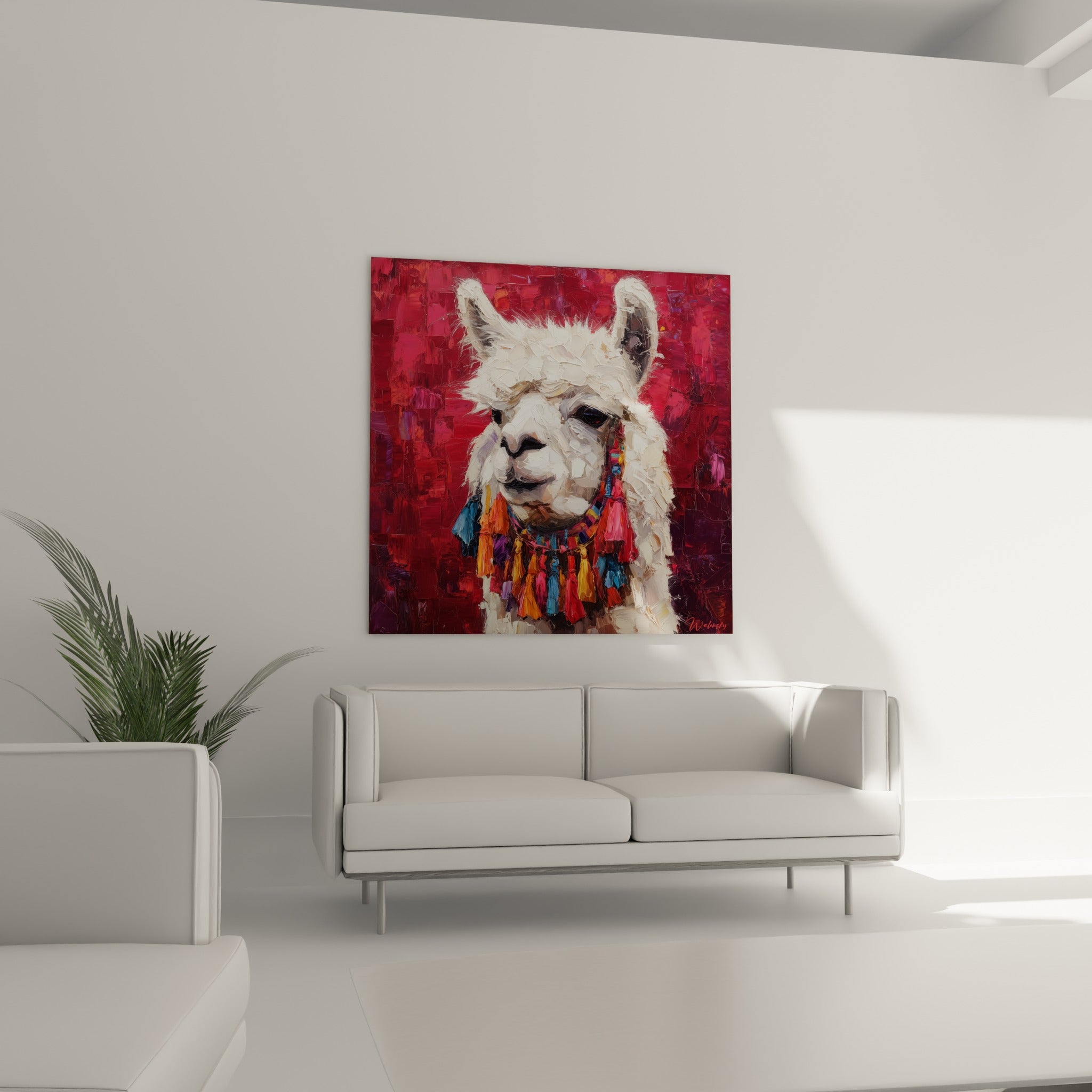 Visage de lama blanc, regard sombre, pompons orange et bleu marine, au-dessus d'un canapé dans un salon lumineux
