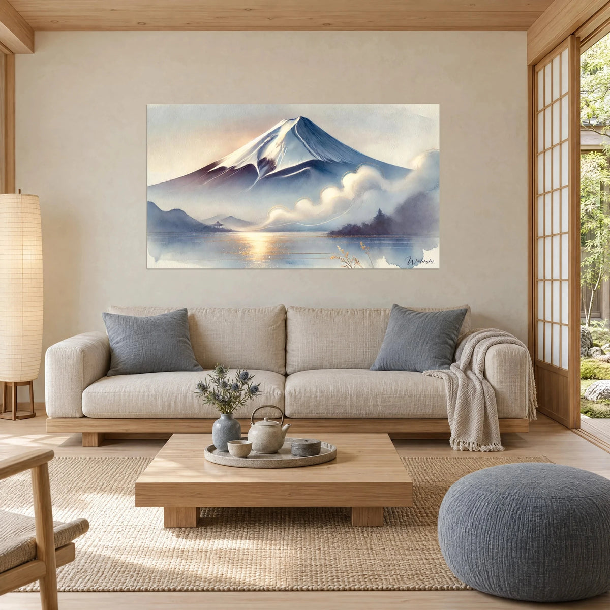 Schilderij Fuji-berg besneeuwd in aquarel leiblauw en goud, gouden nevel boven het meer, boven een bank in een lichte woonkamer