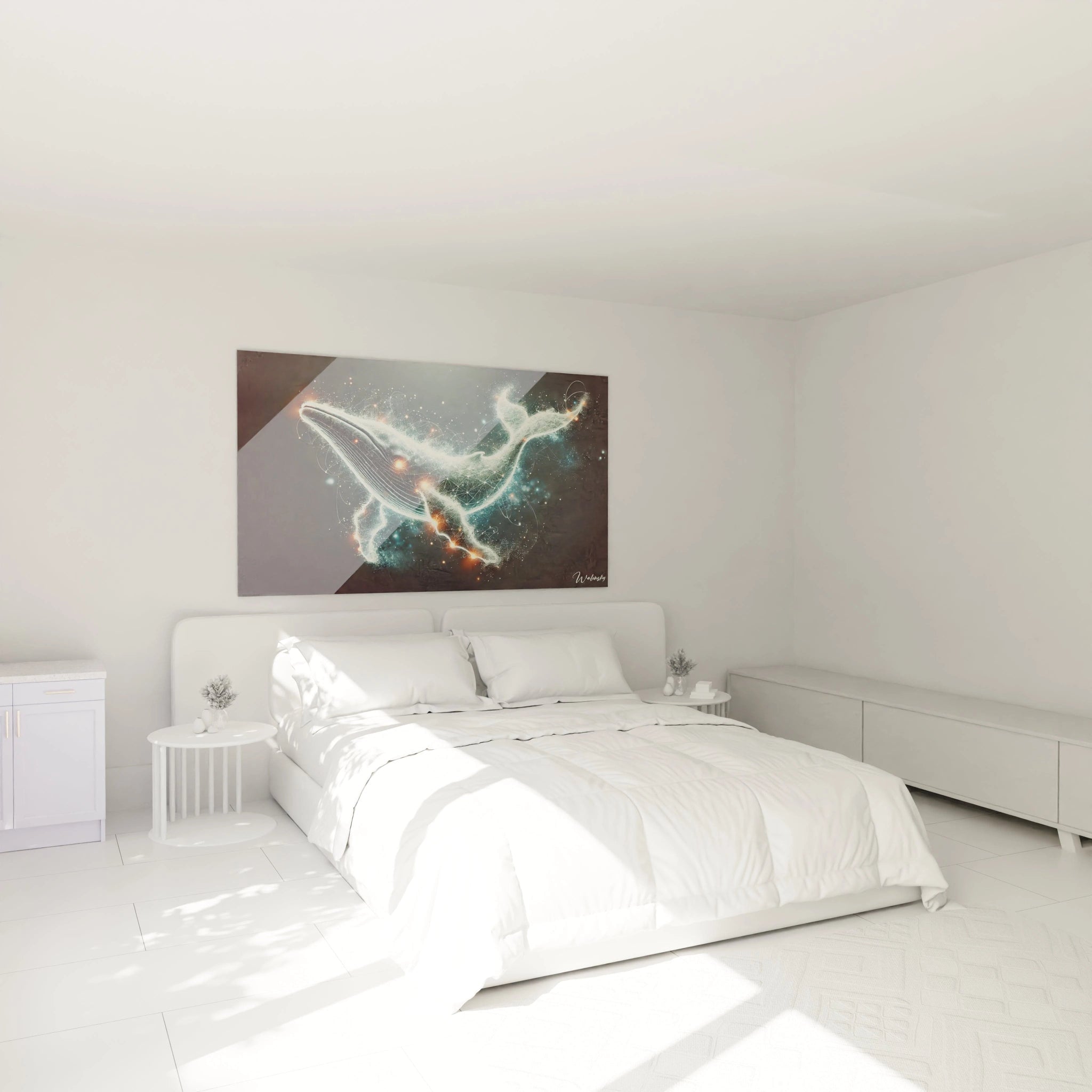 Le tableau baleine suspendu au-dessus du lit dans cette chambre crée une ambiance onirique et cosmique. Les couleurs argentées et lumineuses apportent calme et sérénité à votre espace de repos.

