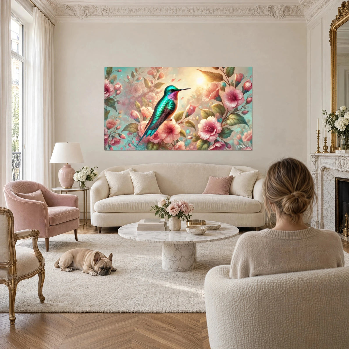 Schilderij smaragdgroene kolibrie neergestreken tussen roze bloemen, turquoise en gouden achtergrond, boven een bank in een lichte woonkamer