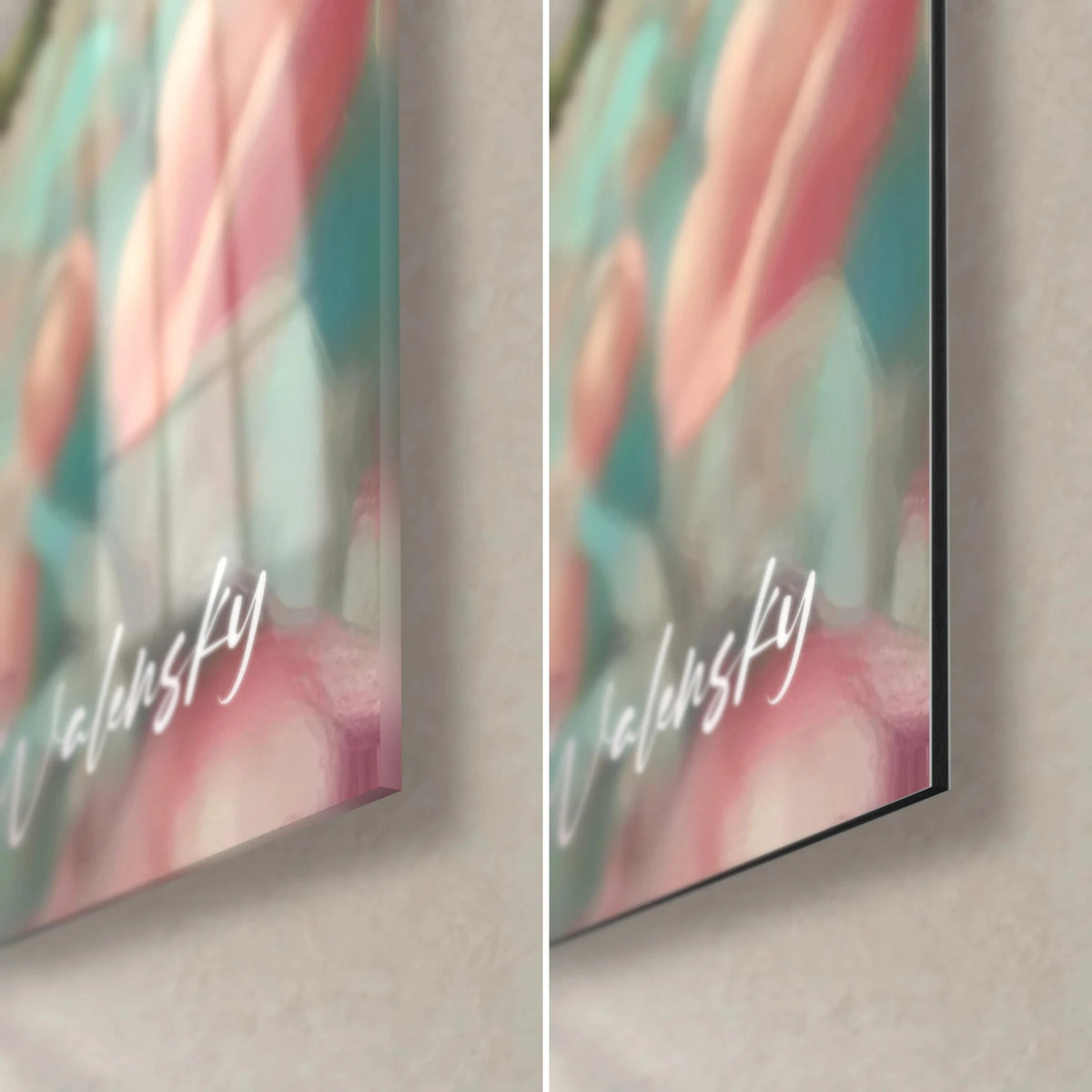 Schilderij turquoise kolibrie, rechtsonder: glanzend glas links, mat Dibond rechts, roze en groen, rand van 3 mm