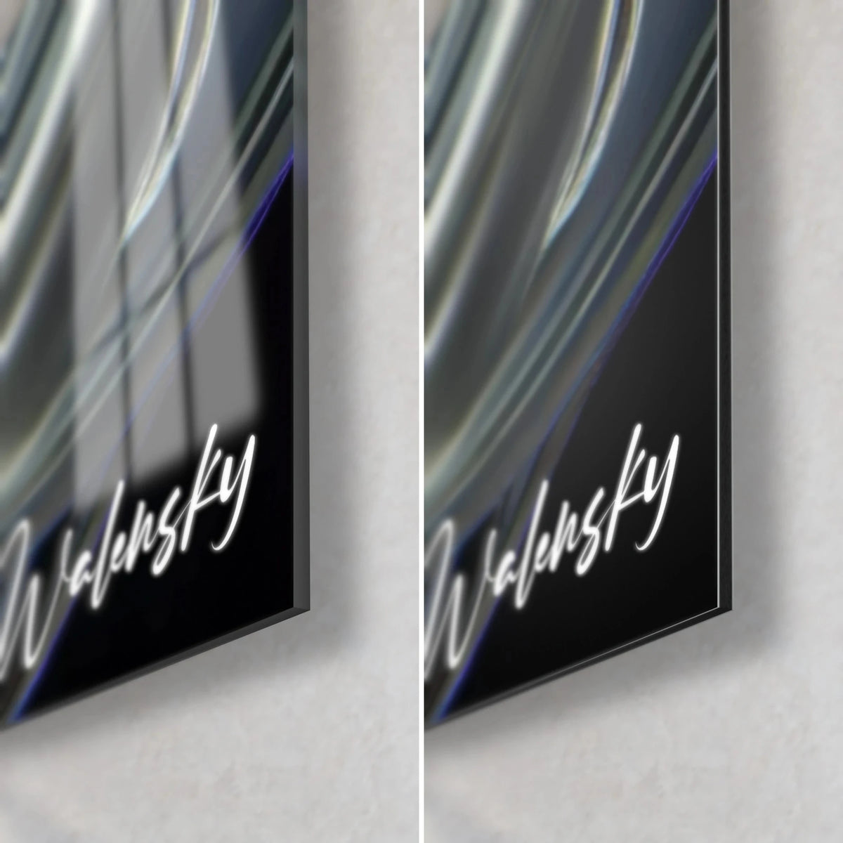 Wall art pearly white seahorse on a black background, bottom right corner: glossy acrylic glass on the left, matte Dibond aluminum on the right, 3 mm edge