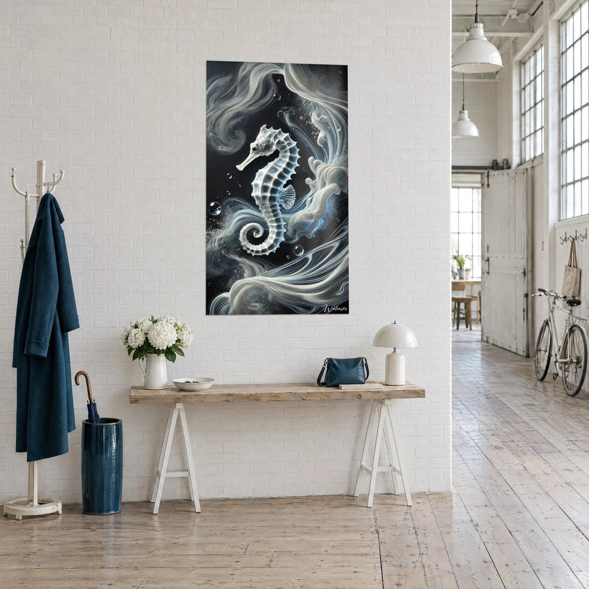 Wall art seahorse with crystal scales, silver bubbles and ivory waves on deep black, seen three-quarter view in a loft