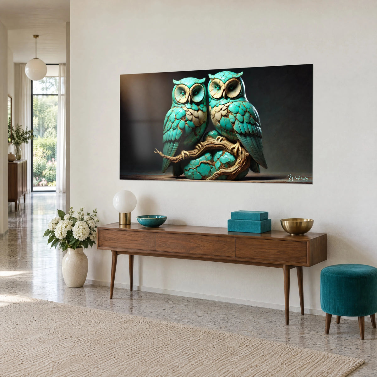Wall art twin owls carved from turquoise and cream stone, perched on a rock, hung above a wooden console