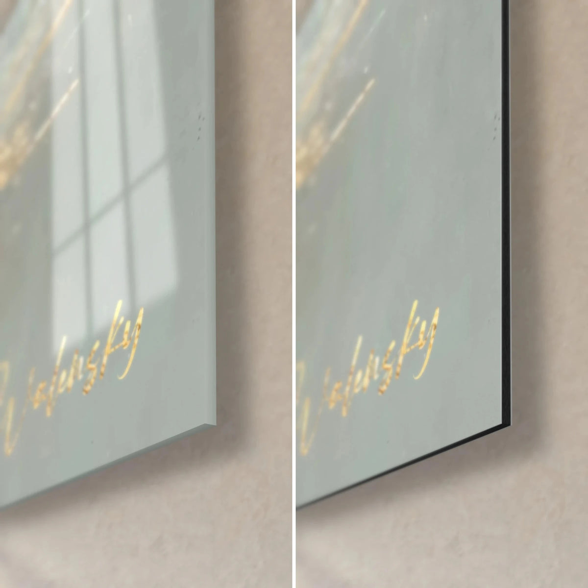 Schilderij crèmewitte ijsbeer, rechtsonder: gouden signatuur op glanzend acrylglas, naast de 3 mm zwarte rand van mat Dibond