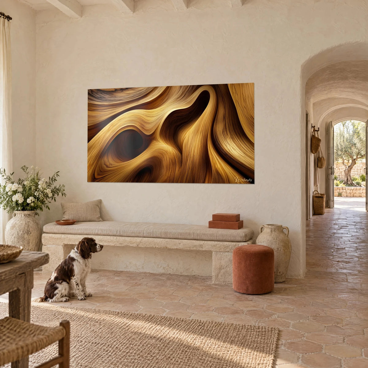 Quadro con vortici di legno ambrato e cavità scure, spaniel marrone e bianco seduto davanti a una panca di pietra, casale provenzale