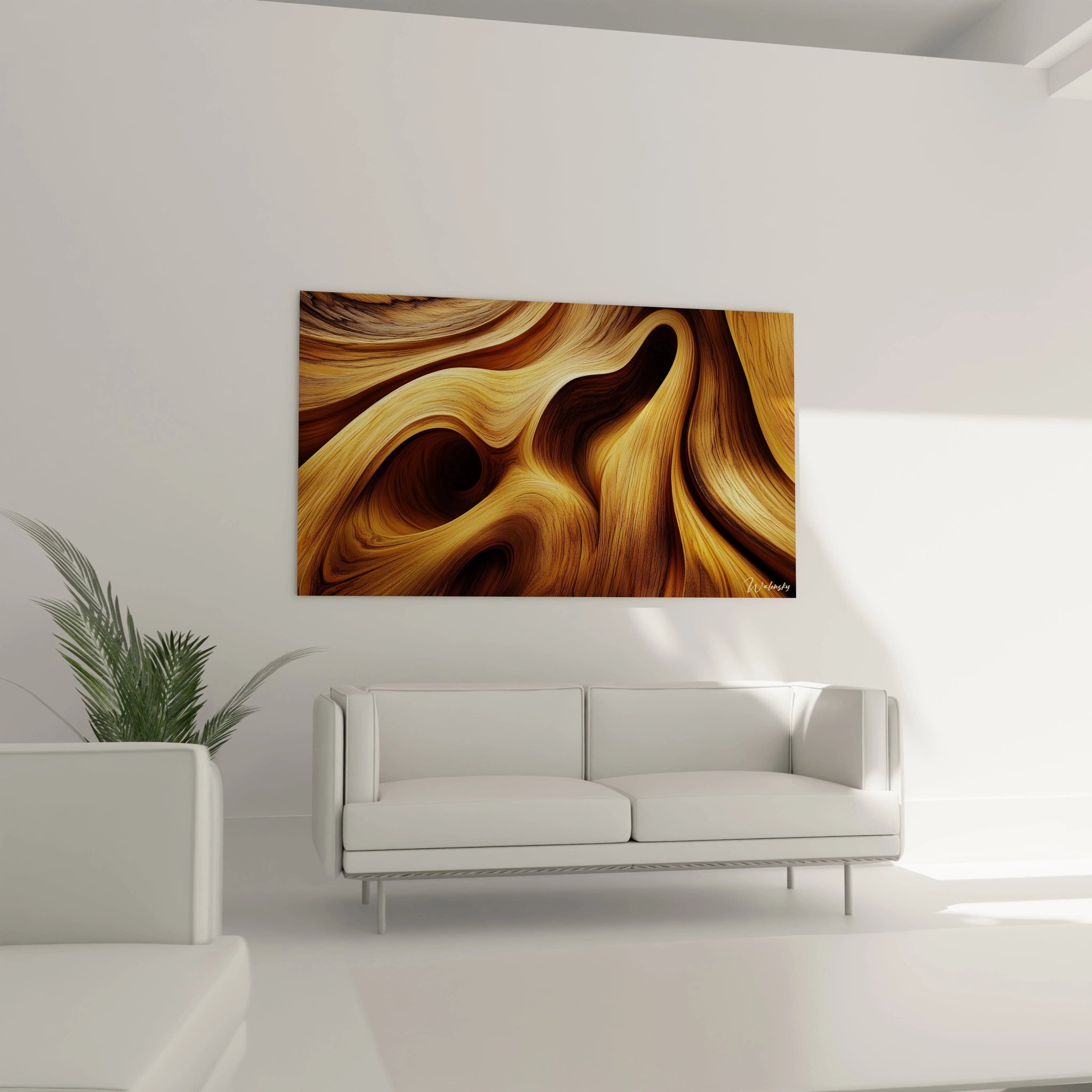 Un tableau texturé abstrait illustrant des vagues fluides en marron et bronze, avec des détails en beige et des effets visuels évoquant des grains naturels.


