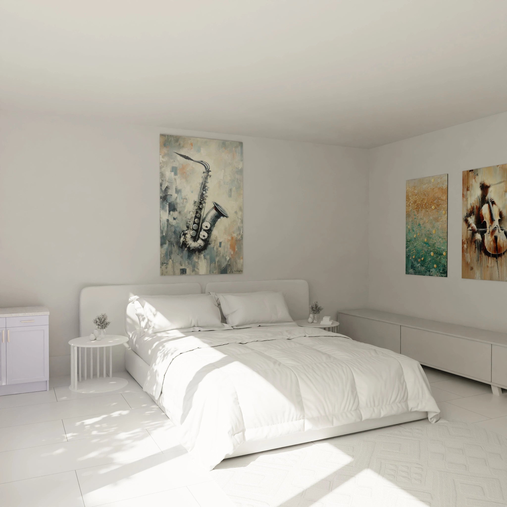 Ce tableau saxophone accroché au-dessus du lit crée une ambiance relaxante. Les nuances de gris et de bleu pastel apportent une touche de douceur, ajoutant une note musicale à votre espace.

