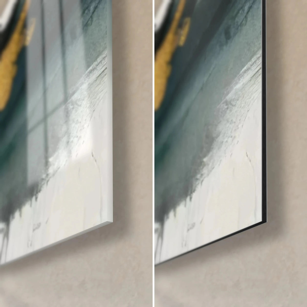 Quadro uccello di lago stilizzato, angolo in basso a destra: vetro lucido che riflette la finestra, alluminio Dibond nero opaco, spessore di 3 mm visibile
