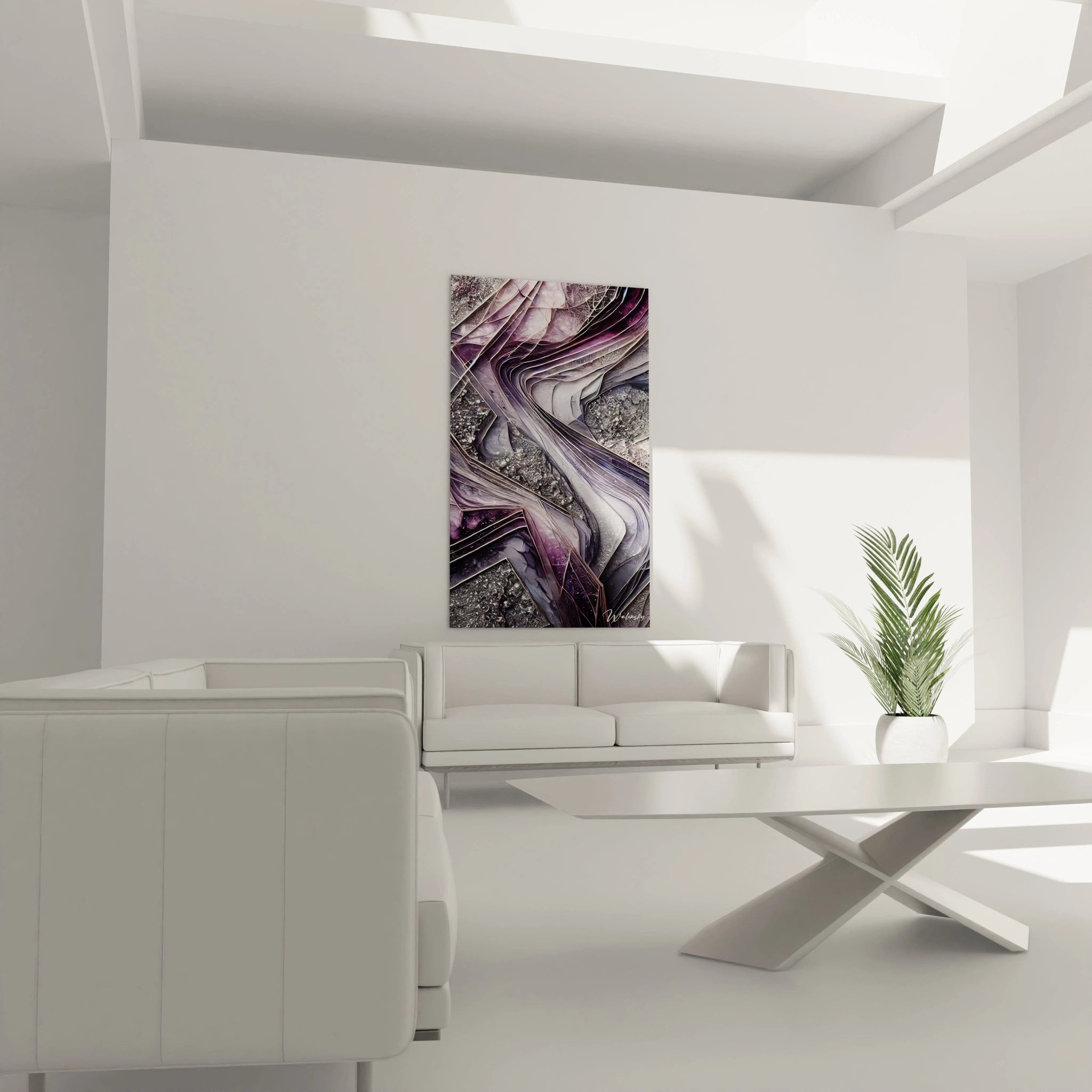 Le tableau style epoxy dans le salon, suspendu au-dessus d'un canapé moderne, domine l'espace. Ses lignes sinueuses et ses textures métalliques ajoutent une touche d'élégance contemporaine, idéale pour un intérieur sophistiqué.

