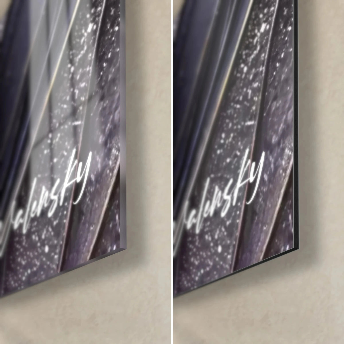 Tableau lames de cristal prune et gris argenté, coin bas droit : verre brillant à reflets, Dibond mat, tranche de 3 mm