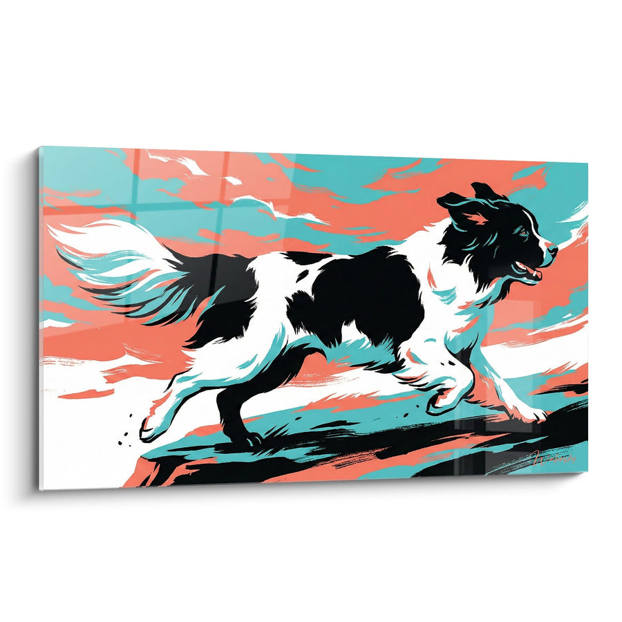 Tableau Landseer Bondissant dans un Tourbillon de Couleurs Corail et Turquoise Style Artistique - Force Débridée - Edition Landseer