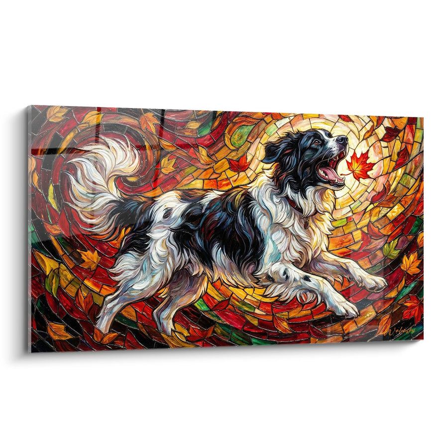 Tableau Landseer Bondissant dans Tourbillon de Feuilles Automnales Mosaïque - Joie Débordante - Edition Landseer
