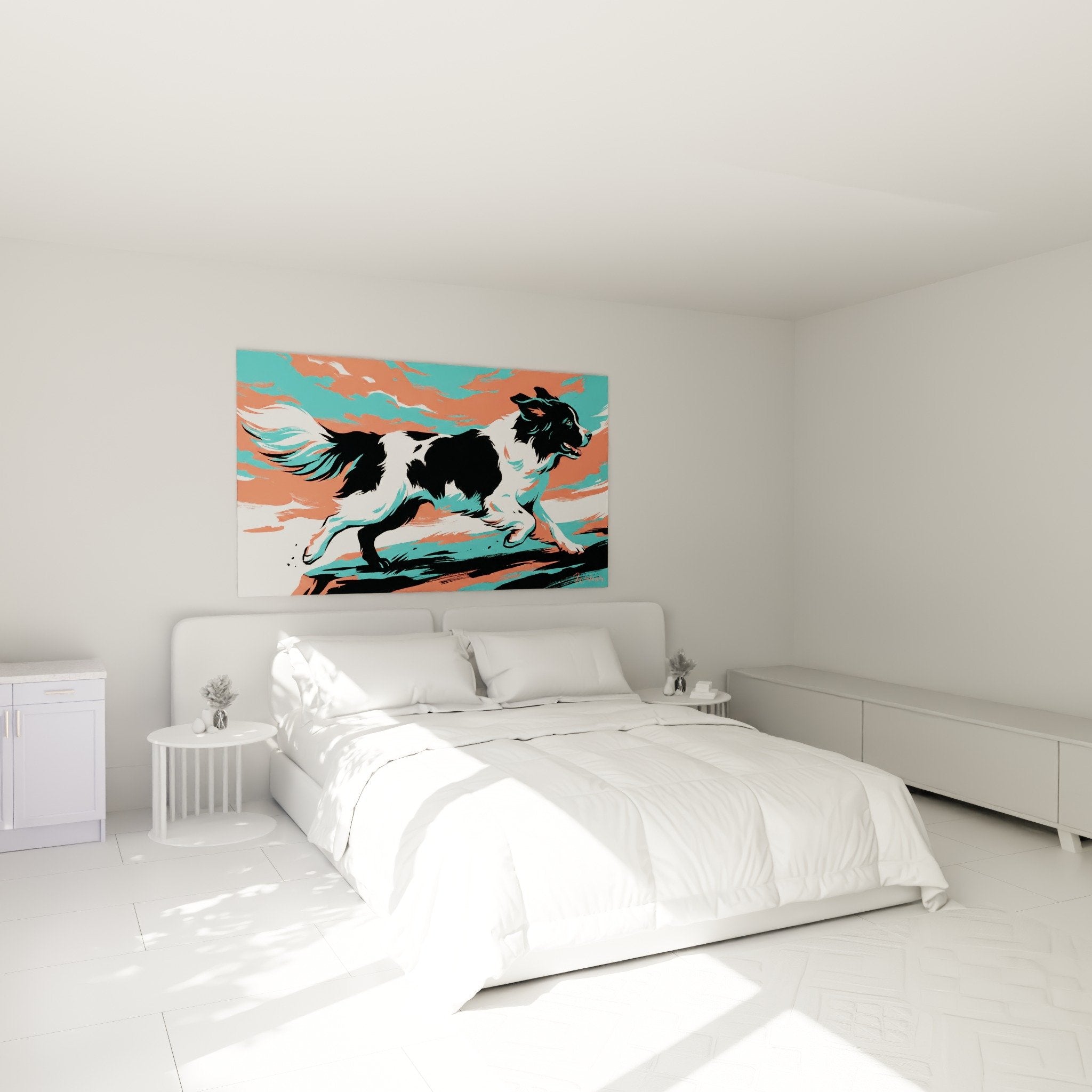 Landseer coral turquoise wall art in modern bedroom white wall contemporary dog decor