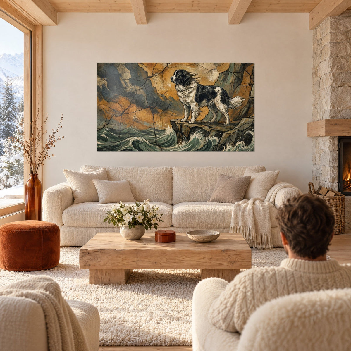 Πίνακας σκύλος Landseer ασπρόμαυρος σε ωχρό βράχο, πράσινα κύματα φασκομηλιάς κάτω, πάνω από καναπέ σε φωτεινό σαλόνι
