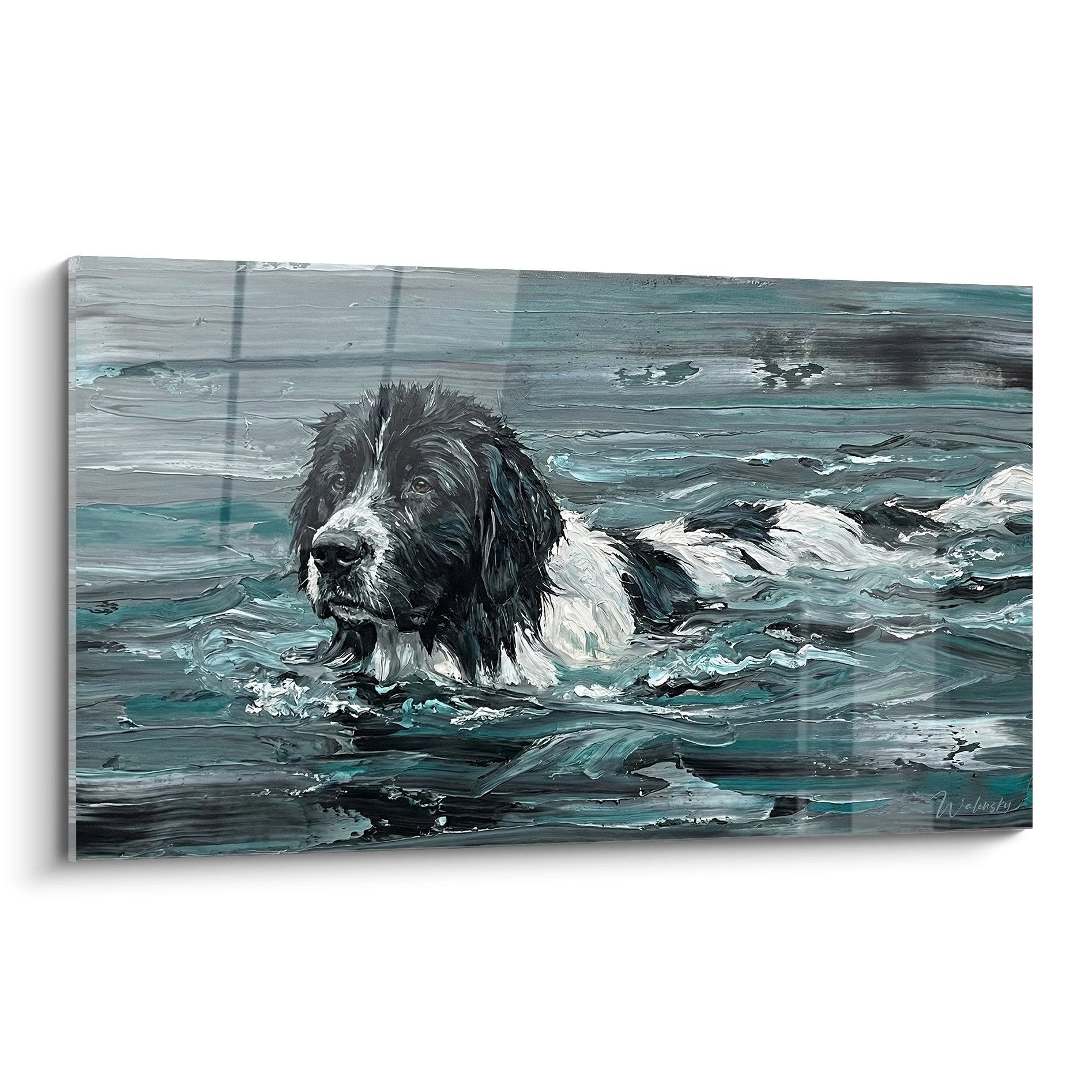 tableau landseer chien noir et blanc nageant dans eaux turquoise et grises avec eclaboussures