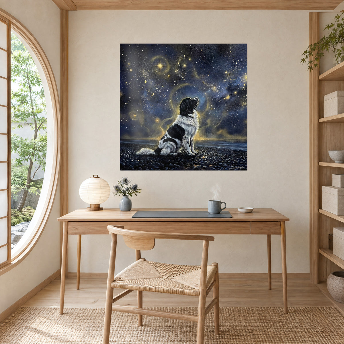 Cuadro retrato canino bajo un cielo nocturno estrellado azul profundo y oro, halo luminoso alrededor del perro, colgado sobre un escritorio de madera clara