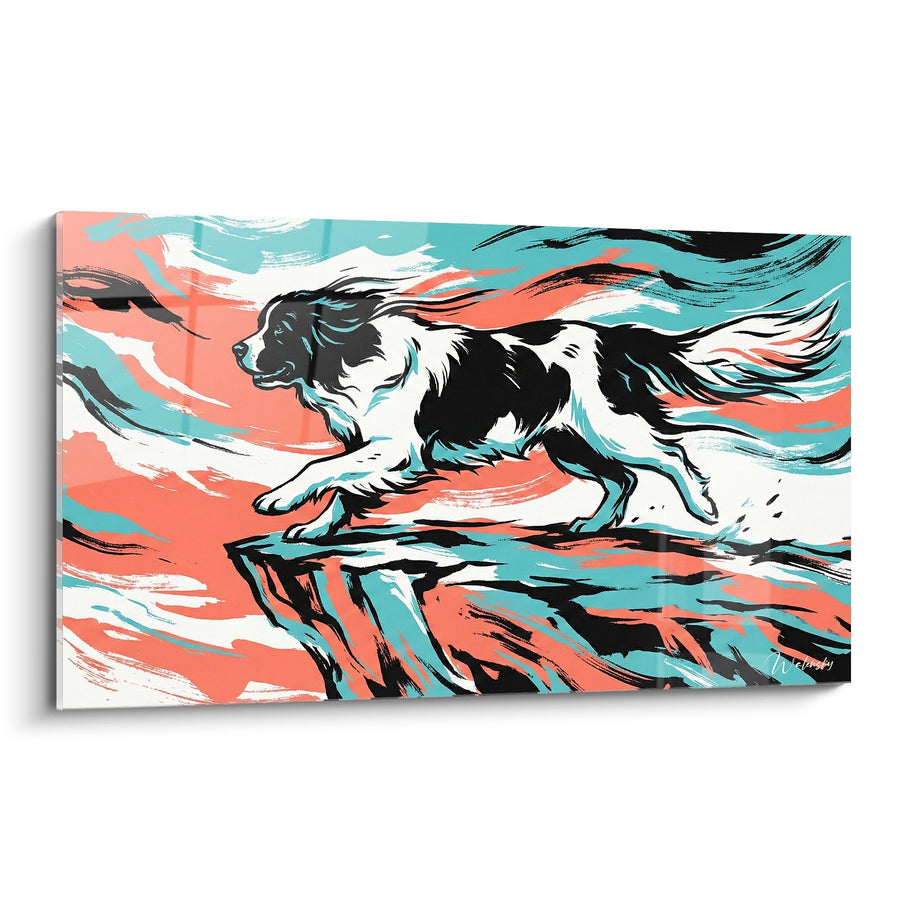 Tableau Landseer en mouvement sur fond turquoise et corail - Dynamisme artistique - Edition Landseer