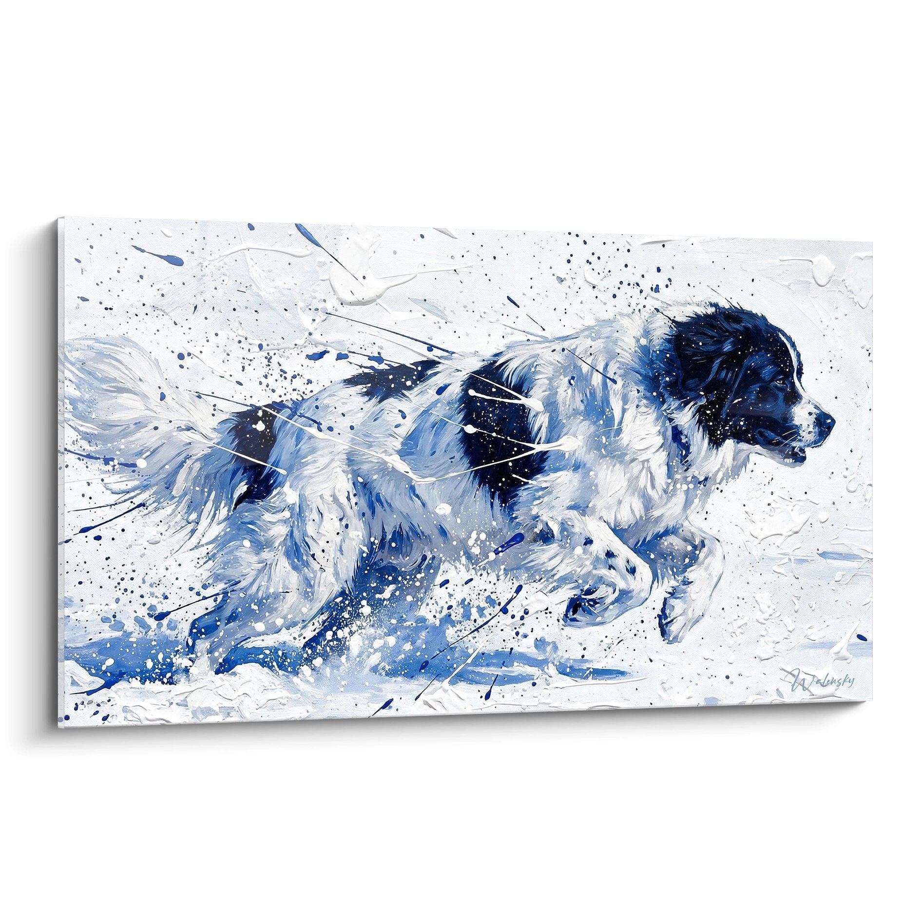 tableau-chien-landseer-eclaboussures-bleues-blanches-mouvement-dynamique-art-contemporain