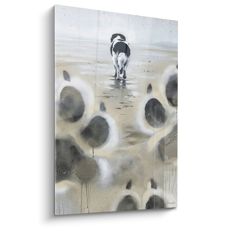 Tableau Landseer géant aux empreintes dorées sur plage avec chien fidèle - Traces d'éternité - Edition Landseer