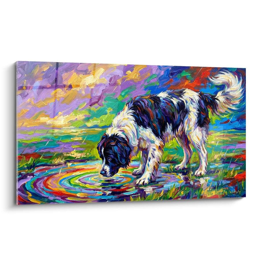 Tableau Landseer Aux Reflets Impressionnistes S'Abreuvant Dans L'Étang Arc-En-Ciel - Éclaboussures De Couleurs - Edition Landseer