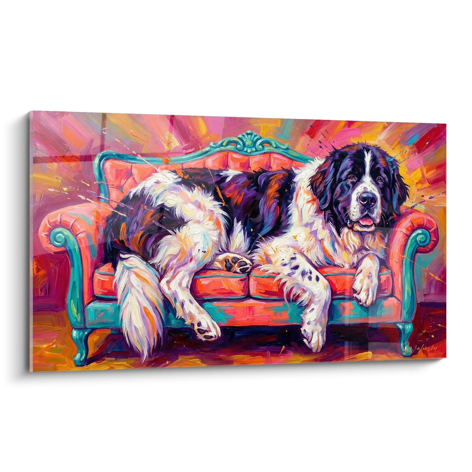 Tableau impressionniste Landseer noir et blanc allongé dans fauteuil turquoise ornementé, palette colorée vive