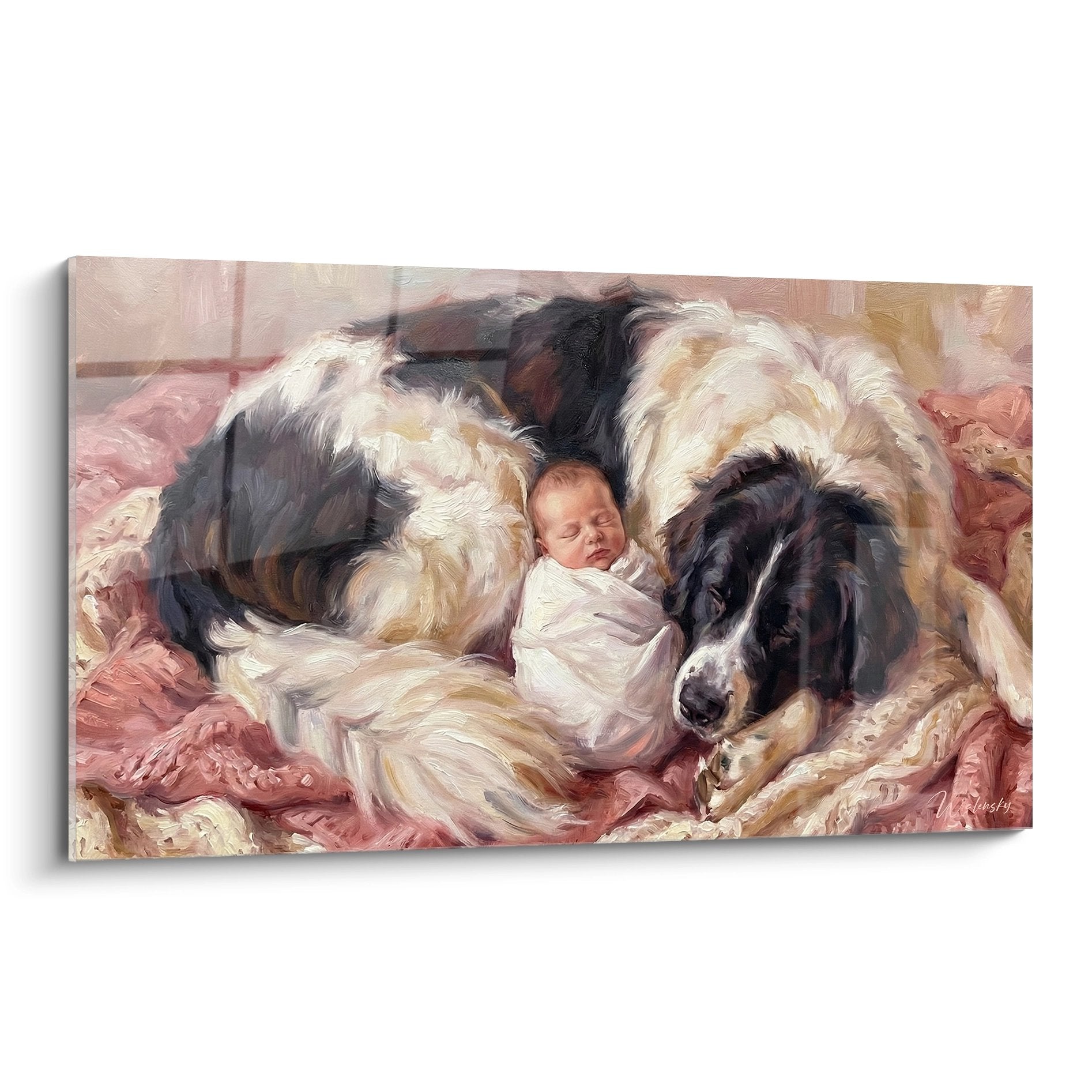 Tableau Landseer géant noir et blanc couché tendrement auprès nouveau-né emmailloté tons rose poudré