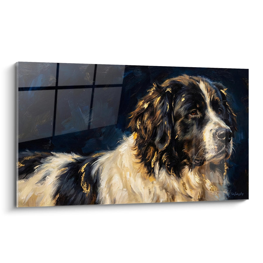 Tableau Landseer Majestueux aux Tons Dorés dans la Lumière d'Intérieur - Grâce Canine Aristocratique - Edition Landseer