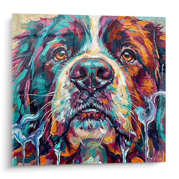 Schilderij van een Landseer met Levendige Turquoise en Oranje Tinten - Trouw Portret in Vlammende Kleuren - Editie Landseer
