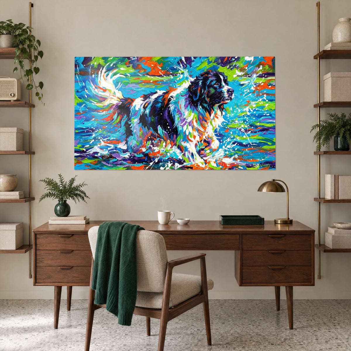 Πίνακας Landseer με λευκή ουρά που μαστιγώνει το νερό, λευκοί παφλασμοί σε τυρκουάζ και πορτοκαλί φόντο, τοίχος γραφείου