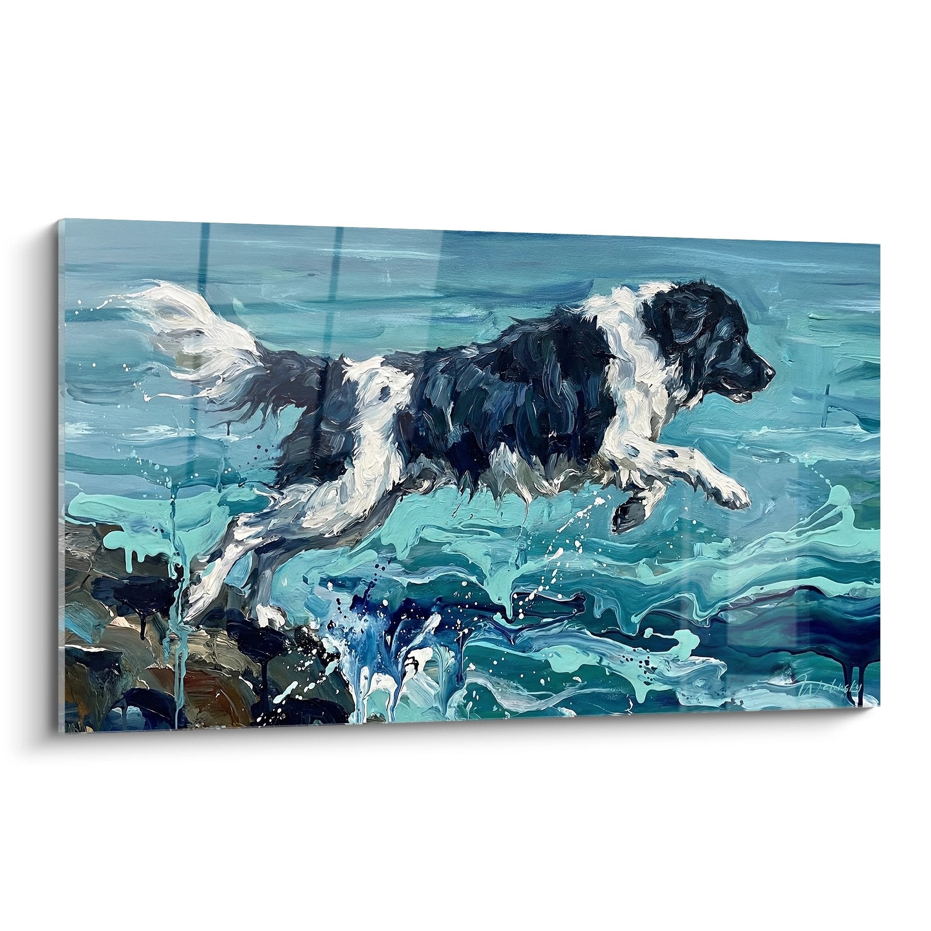 Tableau peinture Landseer noir et blanc sautant dans eau turquoise avec éclaboussures dynamiques