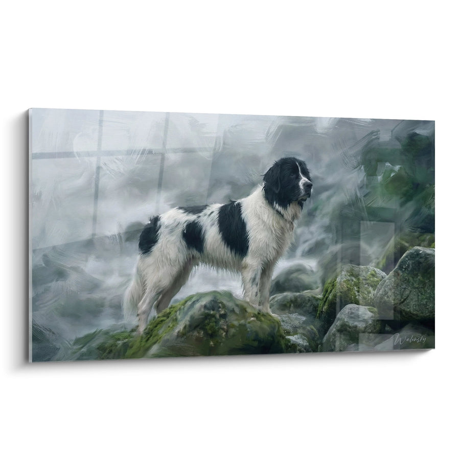 Tableau Landseer Stoïque sur Rochers Couverts de Mousse dans la Tempête - Veilleur des Hauteurs - Edition Landseer