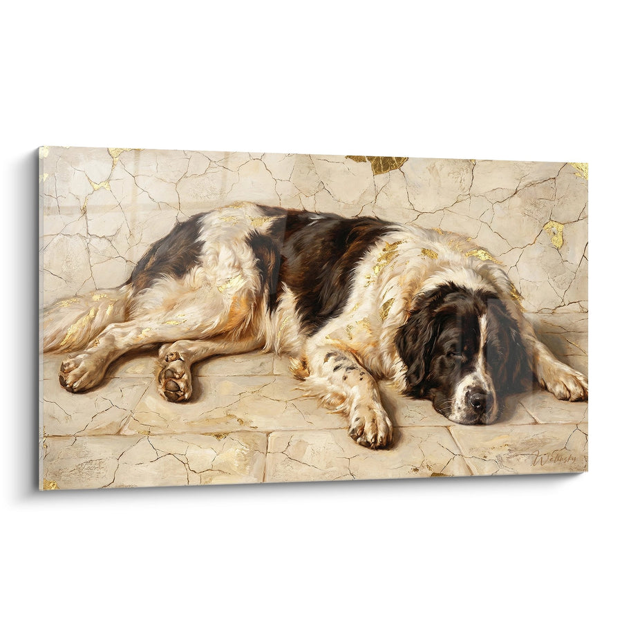 Tableau Landseer Tricolore Assoupi sur Dallage Craquelé - Douceur Nostalgique - Edition Landseer