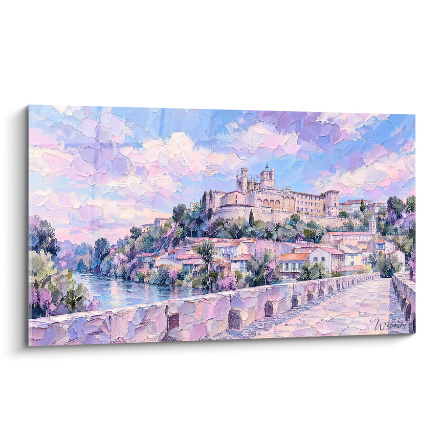 Schilderij Middeleeuws stad, paarse en roze brug - Provençaalse wandeling - Editie Languedoc Frankrijk