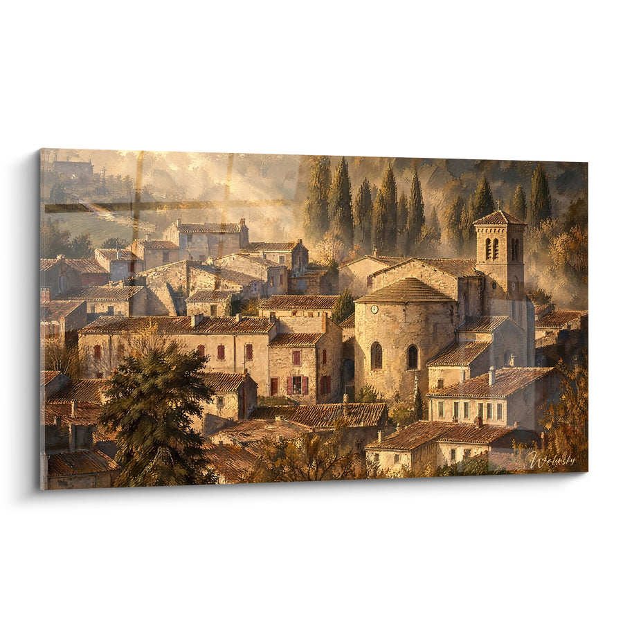 Schilderij Van Een Gelegen Dorp Oker En Goud Met Romaanse Klokkentoren - Licht Van De Vroege Ochtend - Editie Languedoc Frankrijk