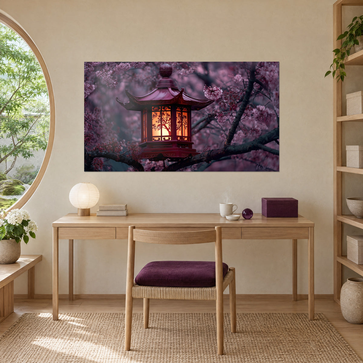 Quadro di un piccolo tempio luminoso bordeaux circondato da petali rosa e viola, sopra una scrivania in legno chiaro