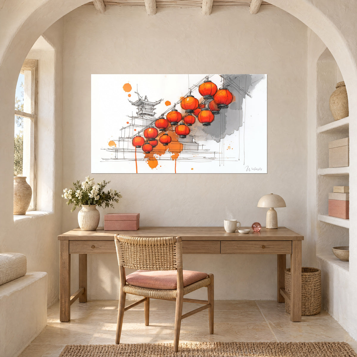 Quadro di lanterne arancioni e rosse appese a cavi tesi, pagoda disegnata con un tratto grigio sottile, appeso sopra una scrivania in legno chiaro