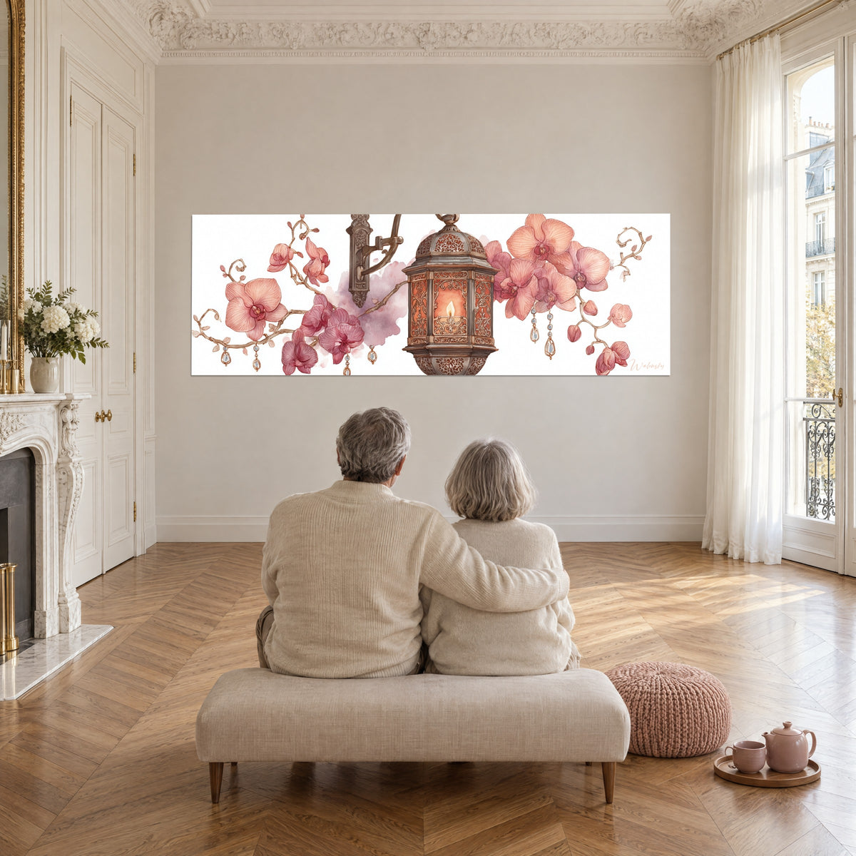 Wall art with ornate lamp in an orange halo and clusters of pink orchids, elderly couple embracing from behind on a white bench