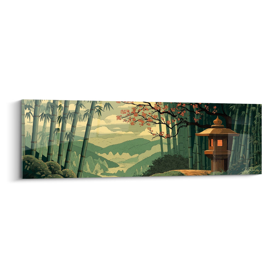 Tableau paysage asiatique avec lanterne traditionnelle et bambous au coucher du soleil - Sérénité orientale - Edition Lanterne