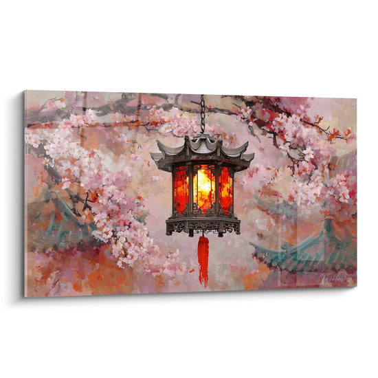Schilderij traditionele lantaarn verlicht onder kersenbloesem in roze bloemen - Licht uit het Oosten - Editie Lantaarn