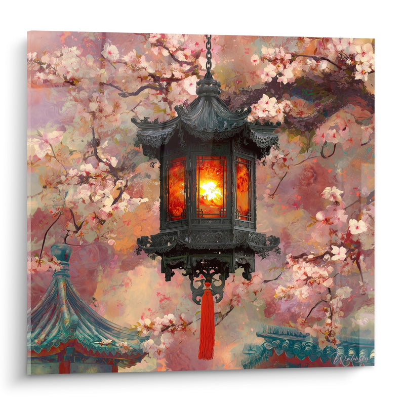 Illuminated Asian Lantern Wall Art Under Blooming Cherry Blossoms Pink Flowers - Mystical Light - Lantern Edition