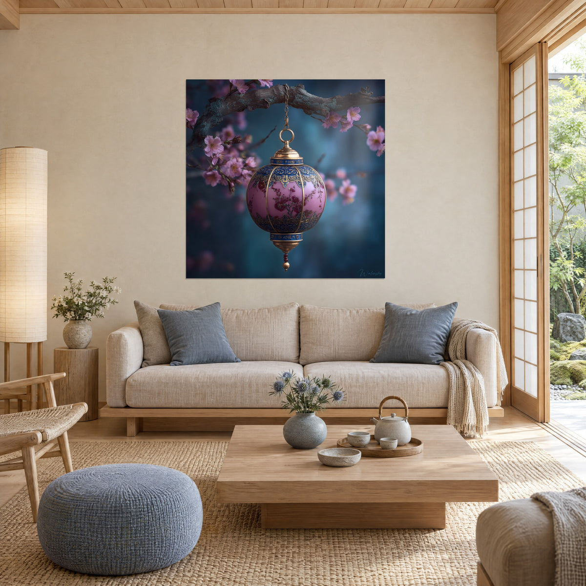 Quadro lanterna orientale rosa e oro appesa a un ramo di ciliegio in fiore, sfondo blu notte, sopra un divano in un soggiorno luminoso