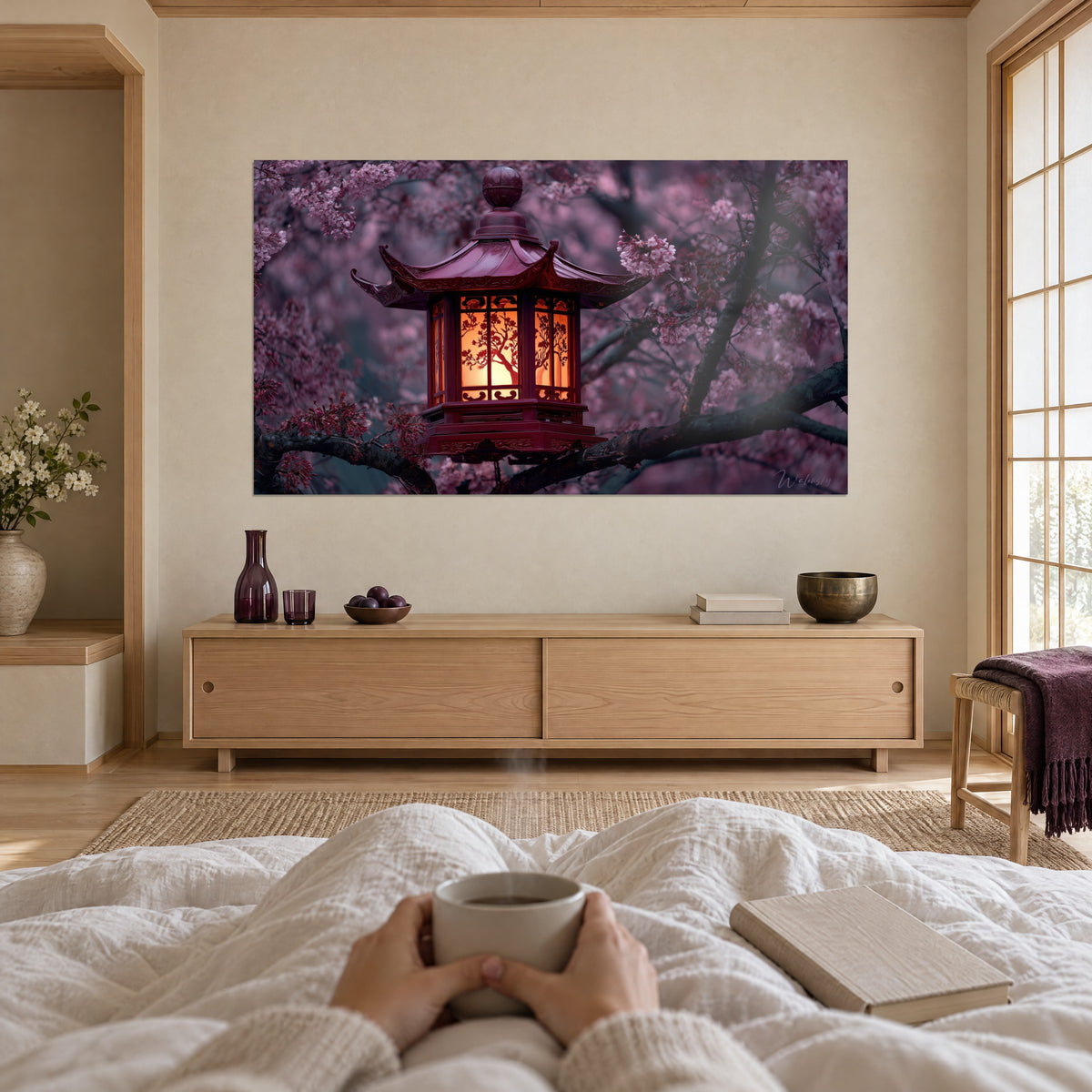 Quadro di una lanterna orientale ambrata sotto fiori di ciliegio malva e rosa, sopra un letto in una camera luminosa