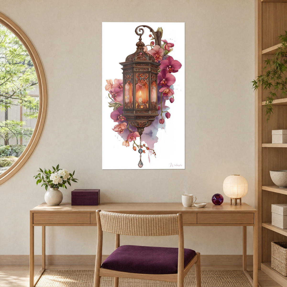 Wall art lantern with amber glass panes, vivid pink orchids and violet wash, hung above a light oak desk