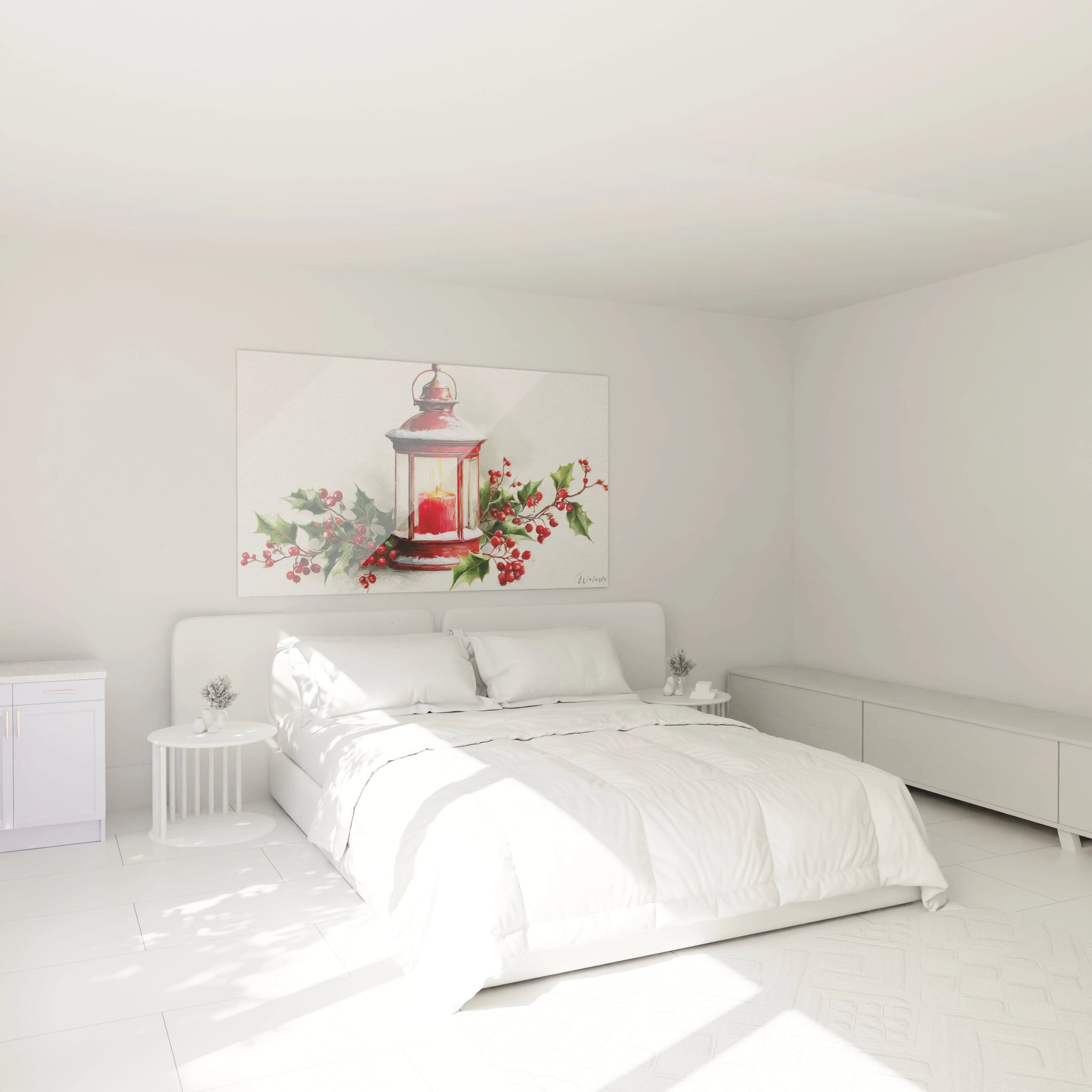 Tableau mural lanterne Noël avec des branches de houx, parfait pour décorer une chambre moderne