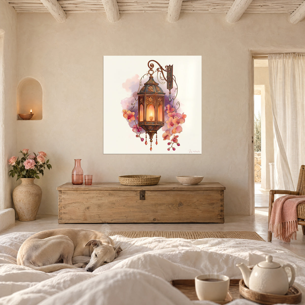 Wall art Arabesque lantern with golden motifs, red pendants and pale pink flowers on a violet wash, above a bed in a bright bedroom
