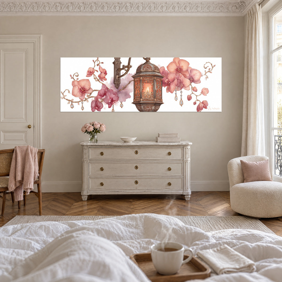 Wall art with ornate oriental light fixture, orange flame and pink flowers, hung above a bed in a light bedroom